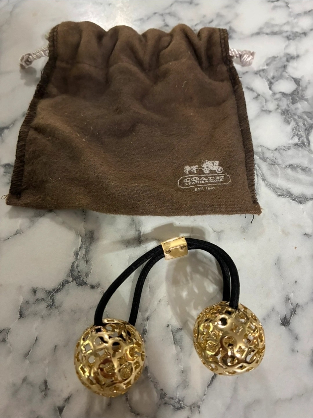 Coach Gold-Tone Logo Hair Tie with Black Elastic